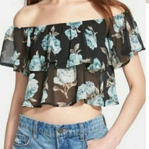 Leith Nordstrom Crop Top Sleeveless Sheer Teal Floral Flower Ruffle Top Shirt